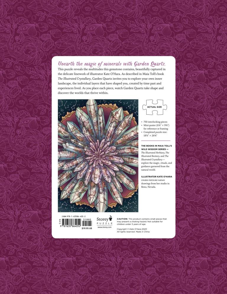Jigsaw puzzle packaging with garden quartz illustration on a purple floral patterned background