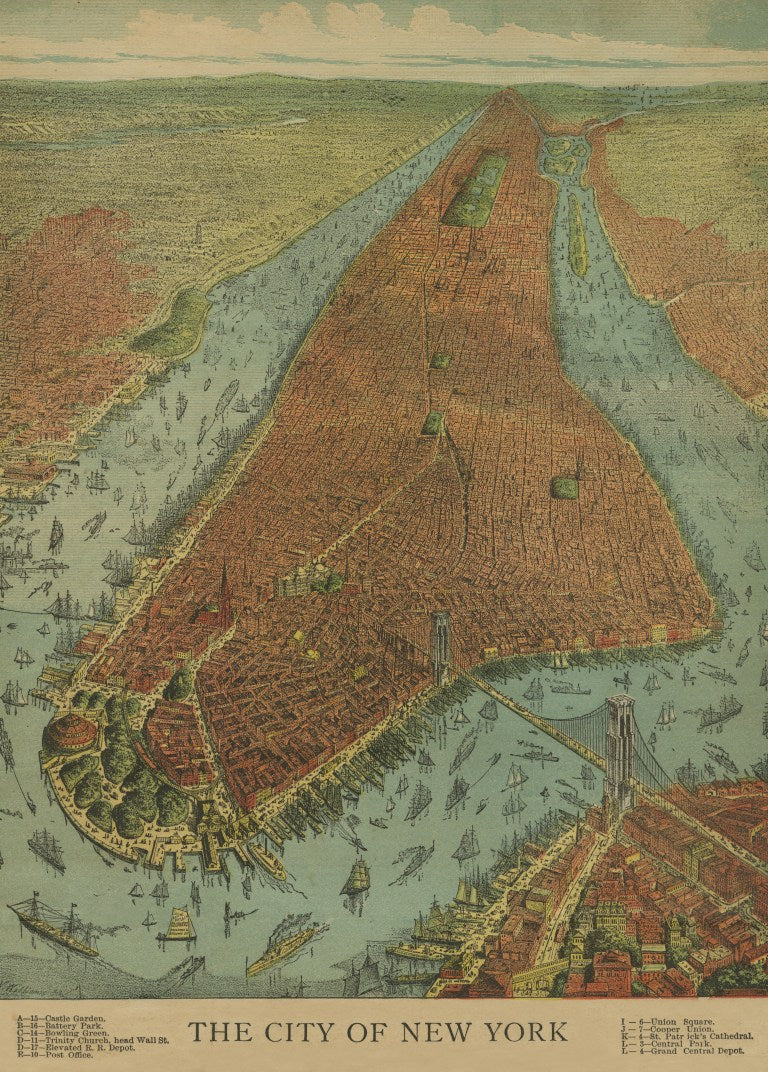 Vintage map of The City of New York with historical illustrations and topography.
