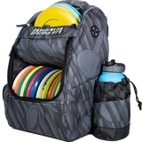 Gray backpack with colorful discs and a water bottle on a white background