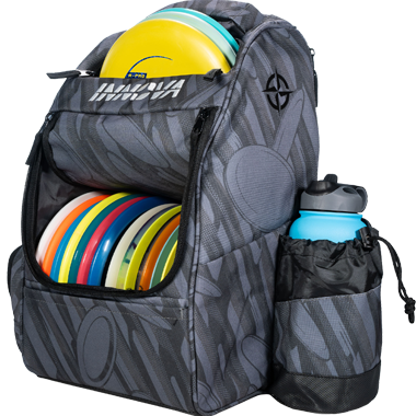 Gray backpack with colorful discs and a water bottle on a white background