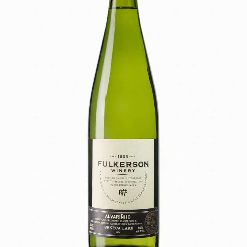 Bottle of fulkerson alvarino. Green bottle with gold cap and cream and black label on a white background