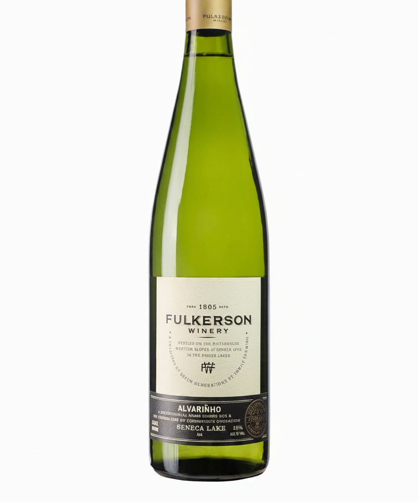 Bottle of fulkerson alvarino. Green bottle with gold cap and cream and black label on a white background