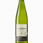 Bottle of fulkerson albarino. Green bottle with gold cap and cream and black label on a white background