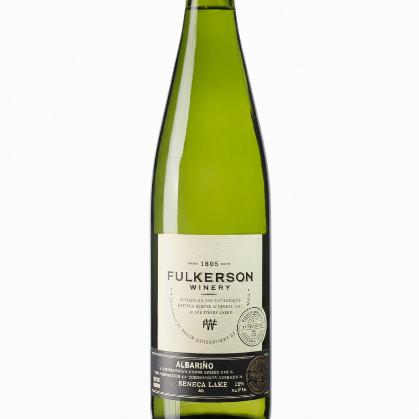 Bottle of fulkerson albarino. Green bottle with gold cap and cream and black label on a white background