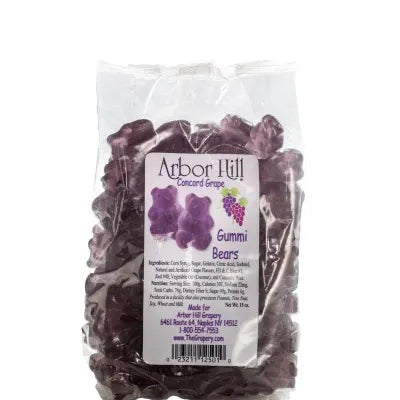 Bag of purple gummy bears with a label on a white background
