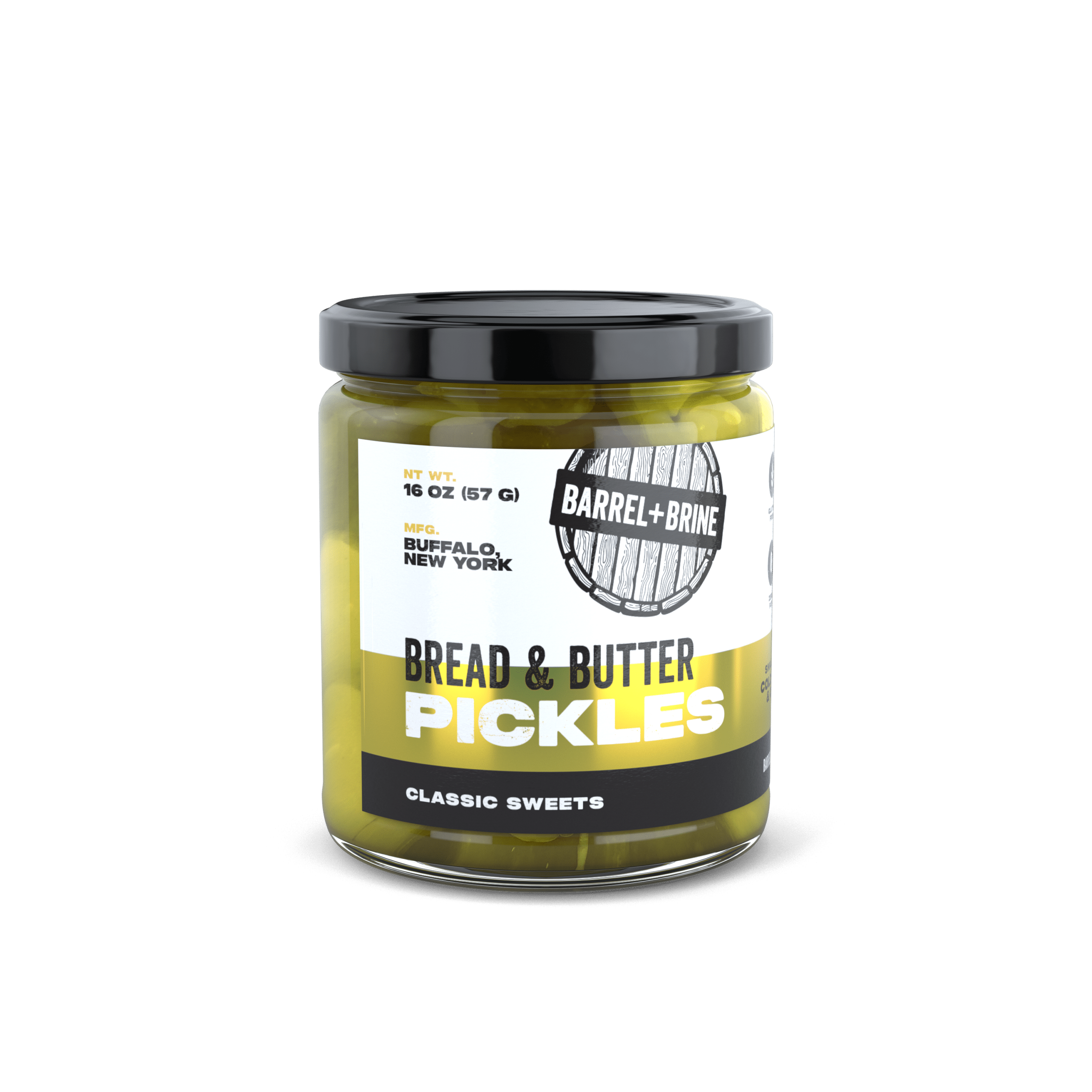 Pickle Jar with Barrel + Brine branding on a clear background