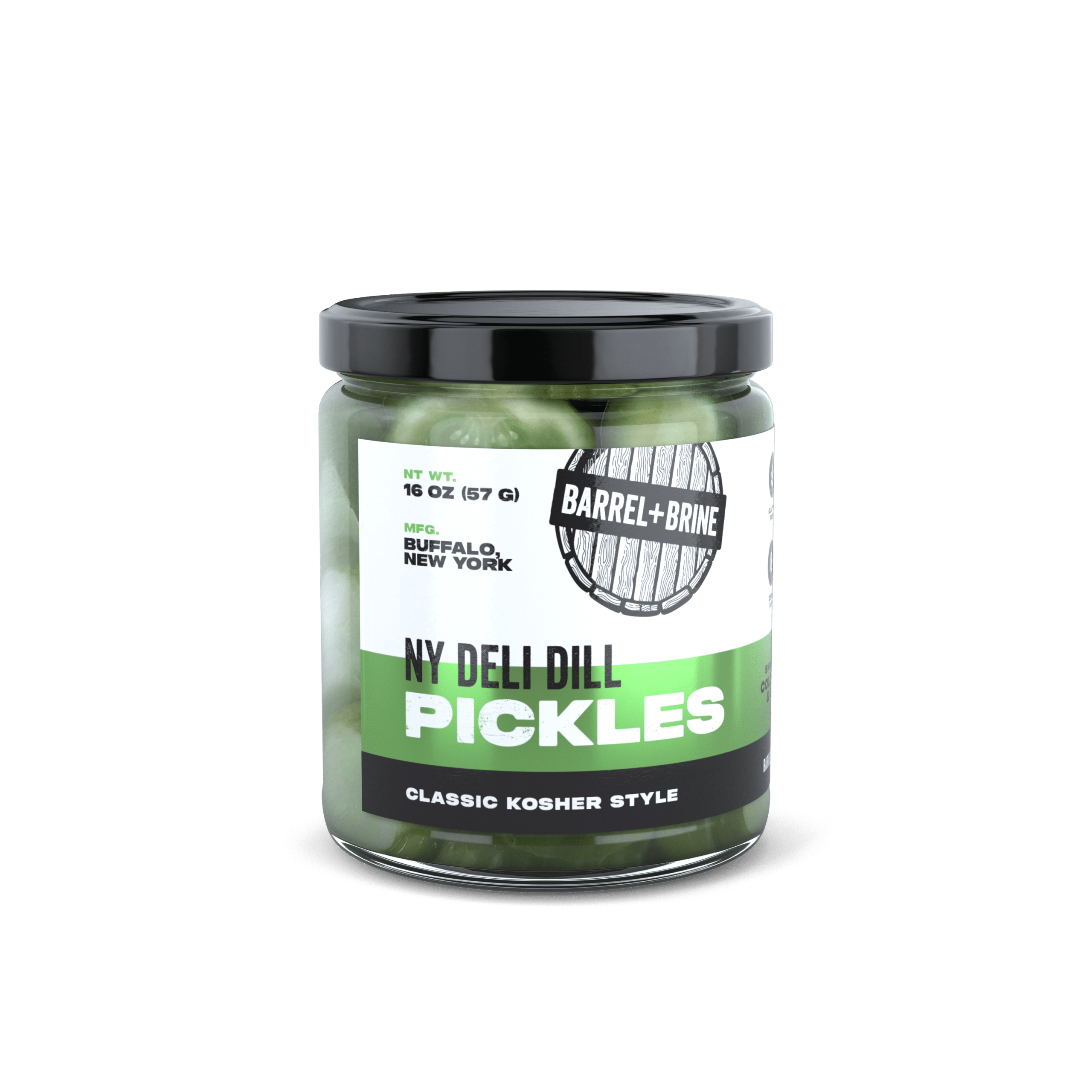 pickle jar with Barrel + Brine branding on a clear background