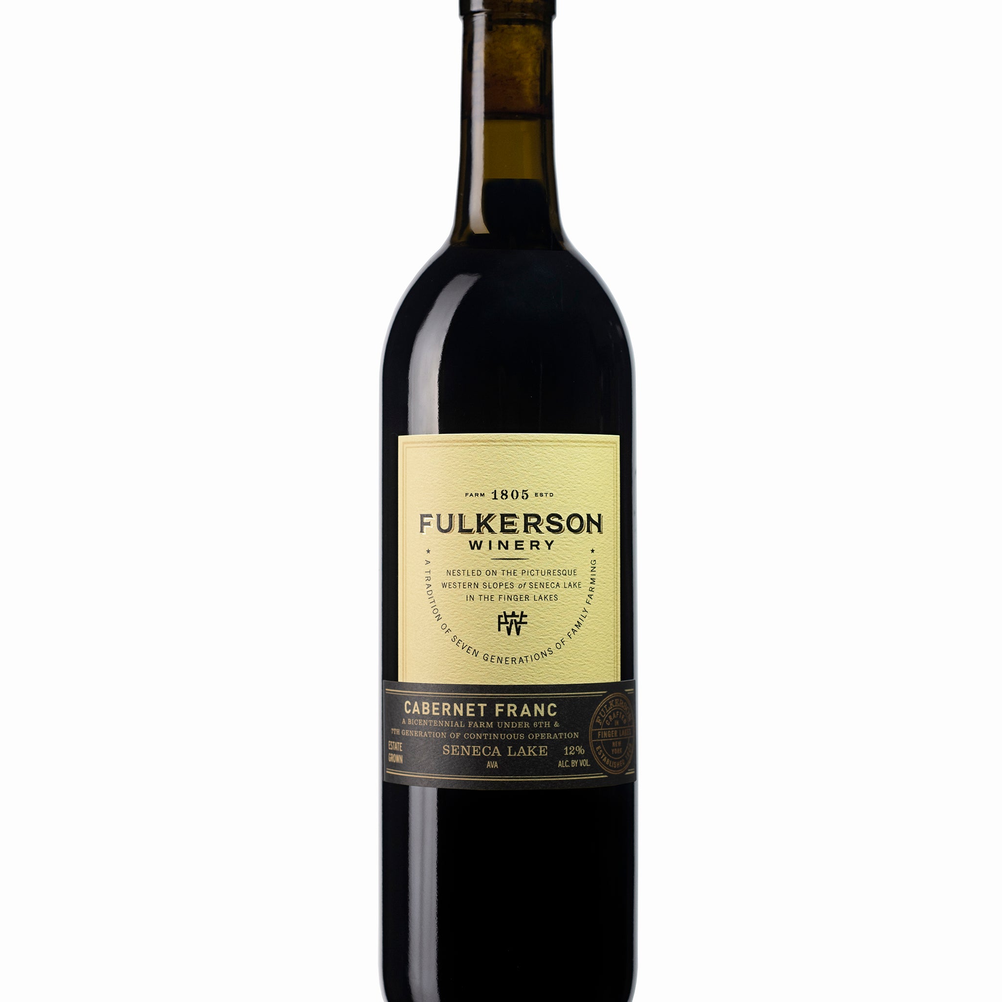 Dark bottle of Fulkerson Winery and farm Cabernet Frank wine on a white background