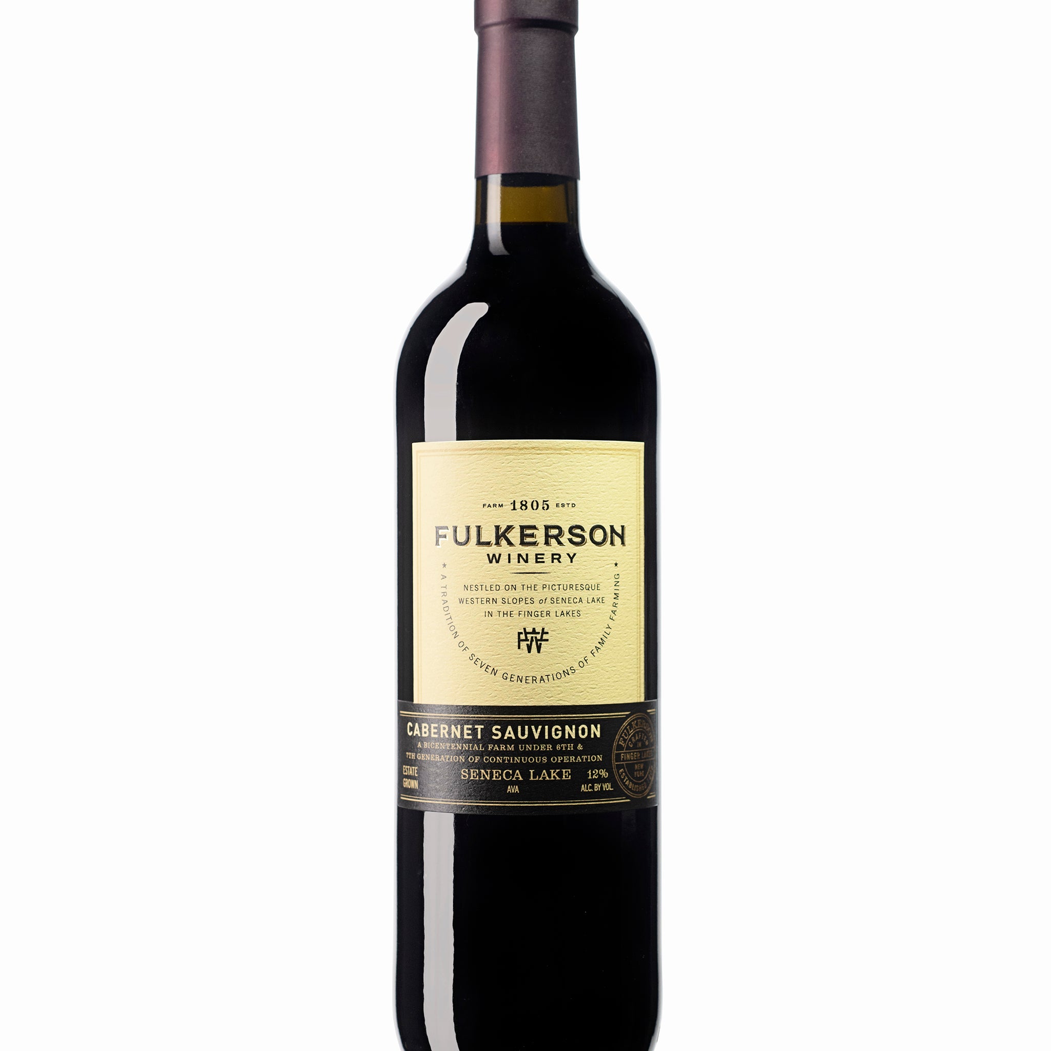 Wine bottle with Fulkerson Winery Cabernet Sauvignonlabel on a white background
