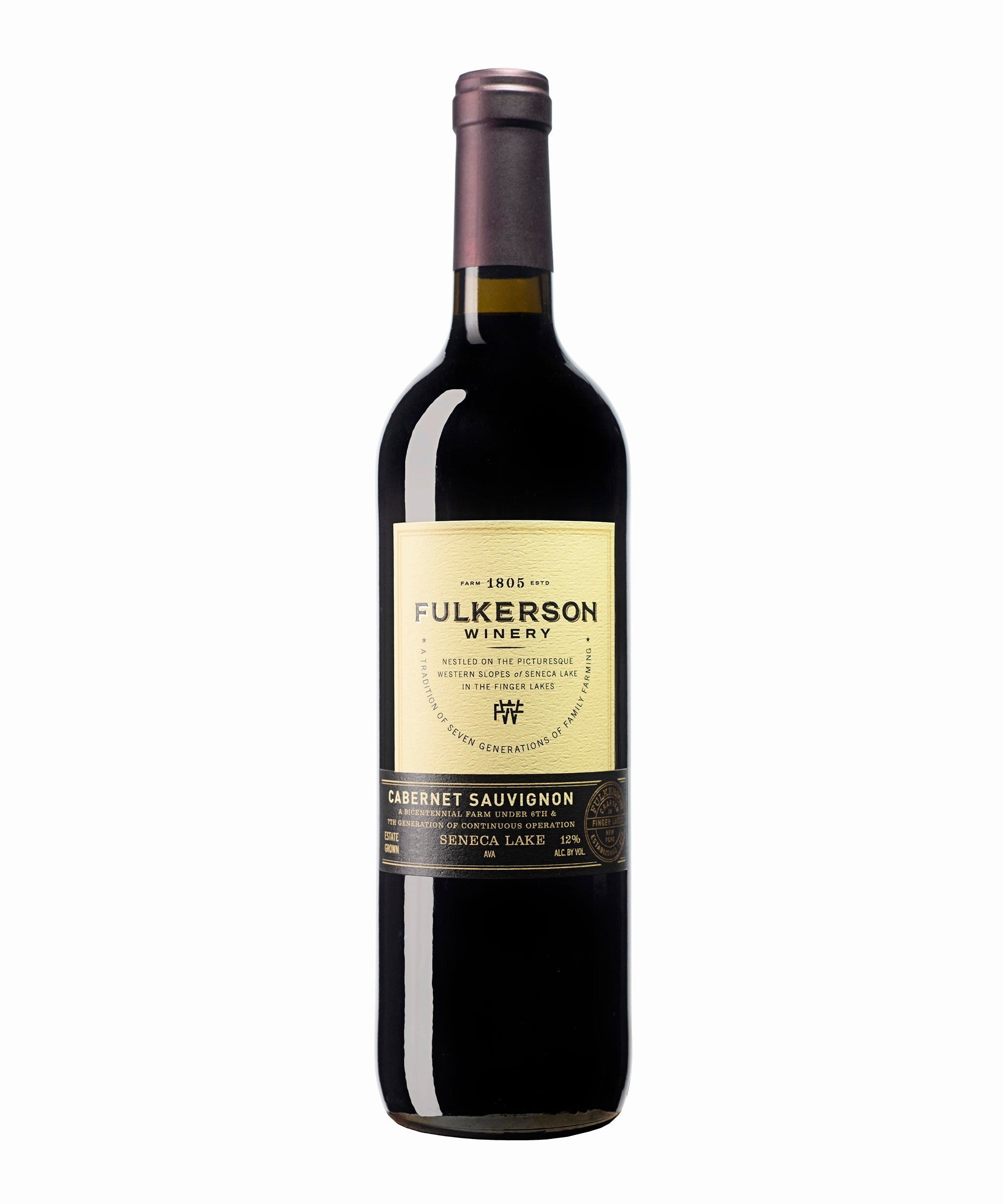 Wine bottle with Fulkerson Winery Cabernet Sauvignonlabel on a white background