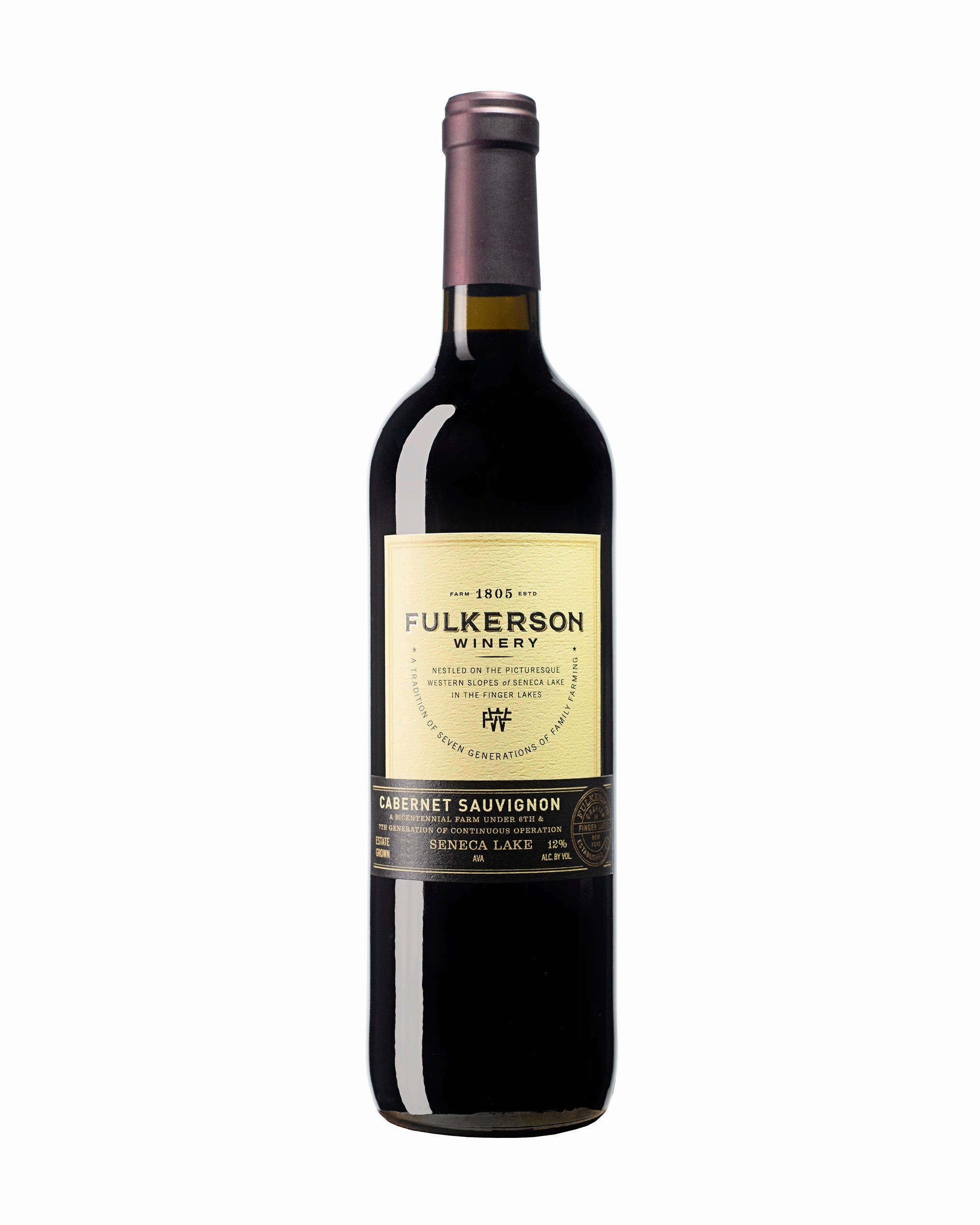Wine bottle with Fulkerson Winery Cabernet Sauvignonlabel on a white background