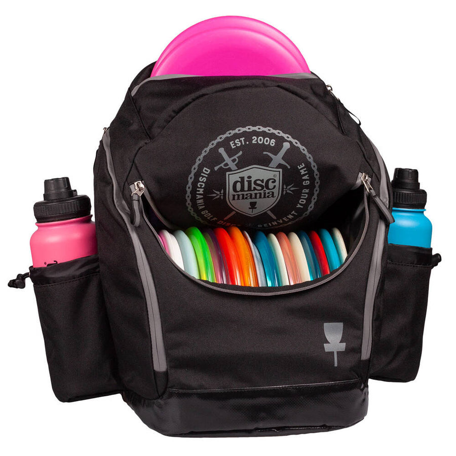 Black backpack with colorful discs and water bottles on a white background