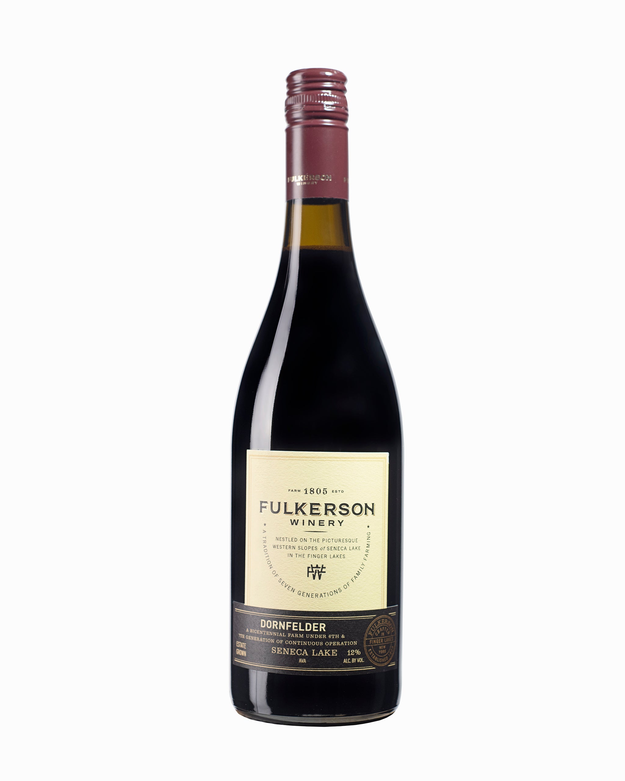 Bottle of Fulkerson Winery and farm Dorn Felder on a white background