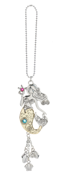 Multicolored mermaid pendant charm on a chain with a white background