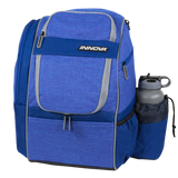 Blue backpack with gray accents and Innova logo, featuring a water bottle holder on a white background.