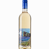 Wine bottle with a picture of a blimp flying over a lake with the words diamond on a white background
