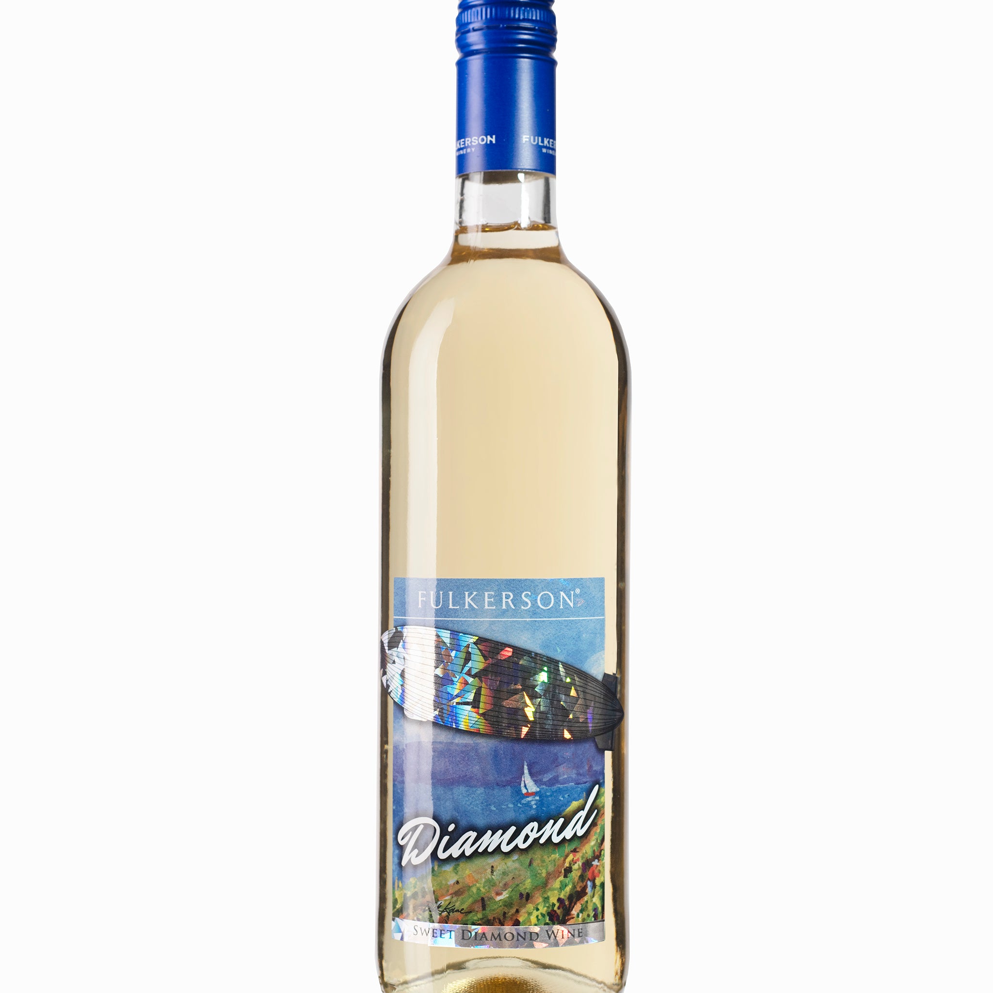 Wine bottle with a picture of a blimp flying over a lake with the words diamond on a white background