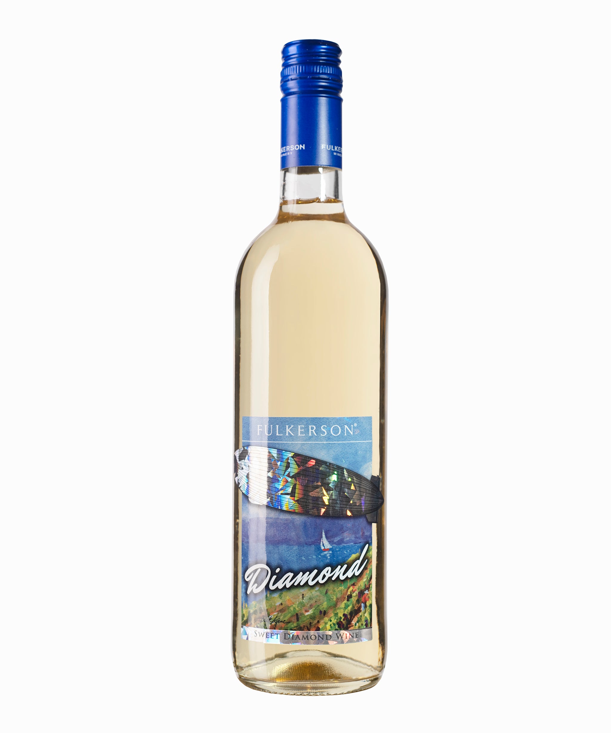 Wine bottle with a picture of a blimp flying over a lake with the words diamond on a white background