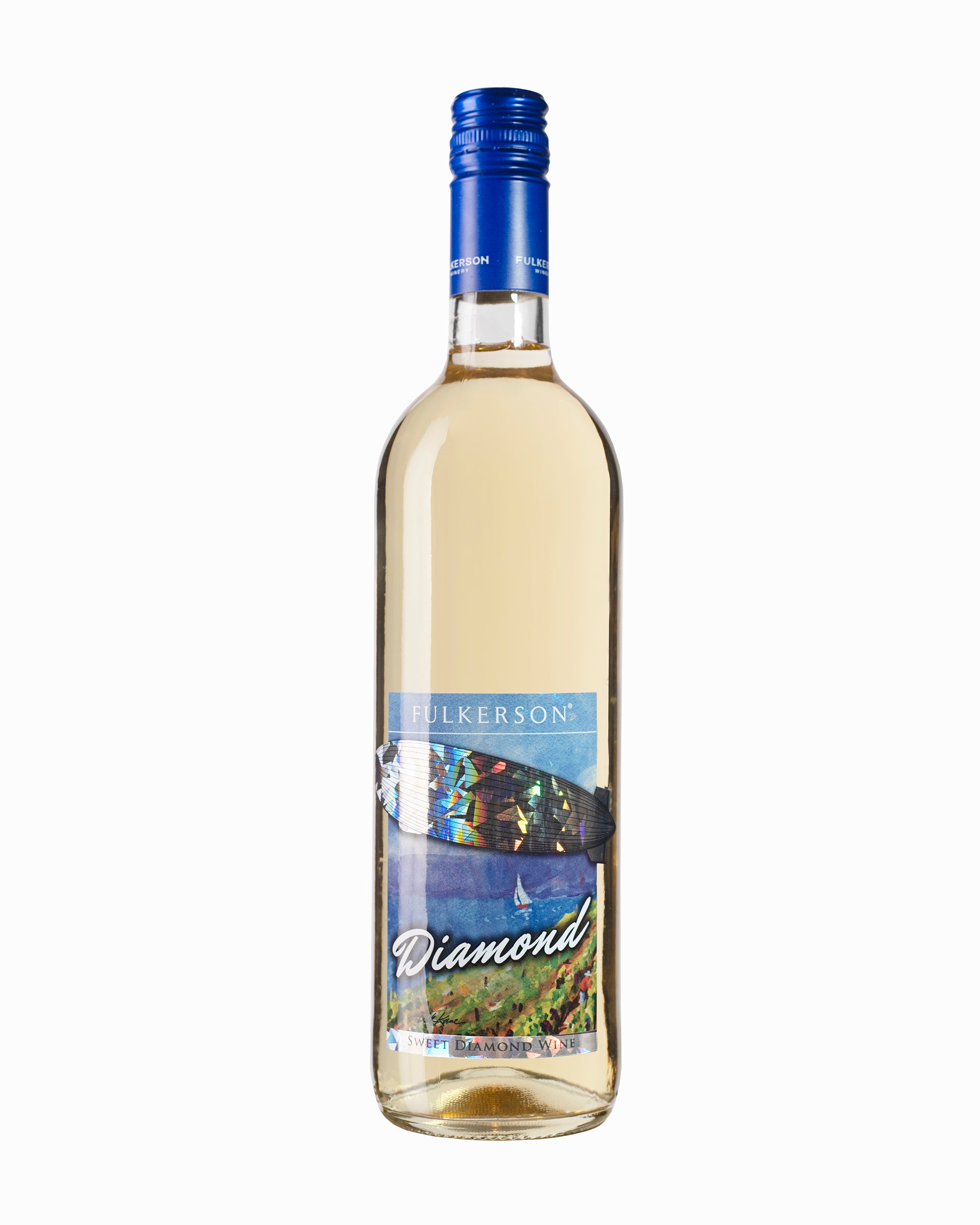 Wine bottle with a picture of a blimp flying over a lake with the words diamond on a white background