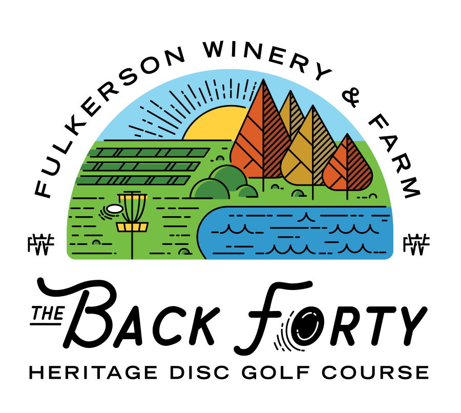 Logo of Fulkerson Winery & Farm's The Back Forty Heritage Disc Golf Course with scenic design.