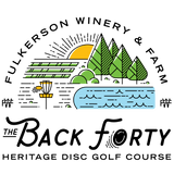 Logo of Fulkerson Winery & Farm's The Back Forty Heritage Disc Golf Course with scenic elements.