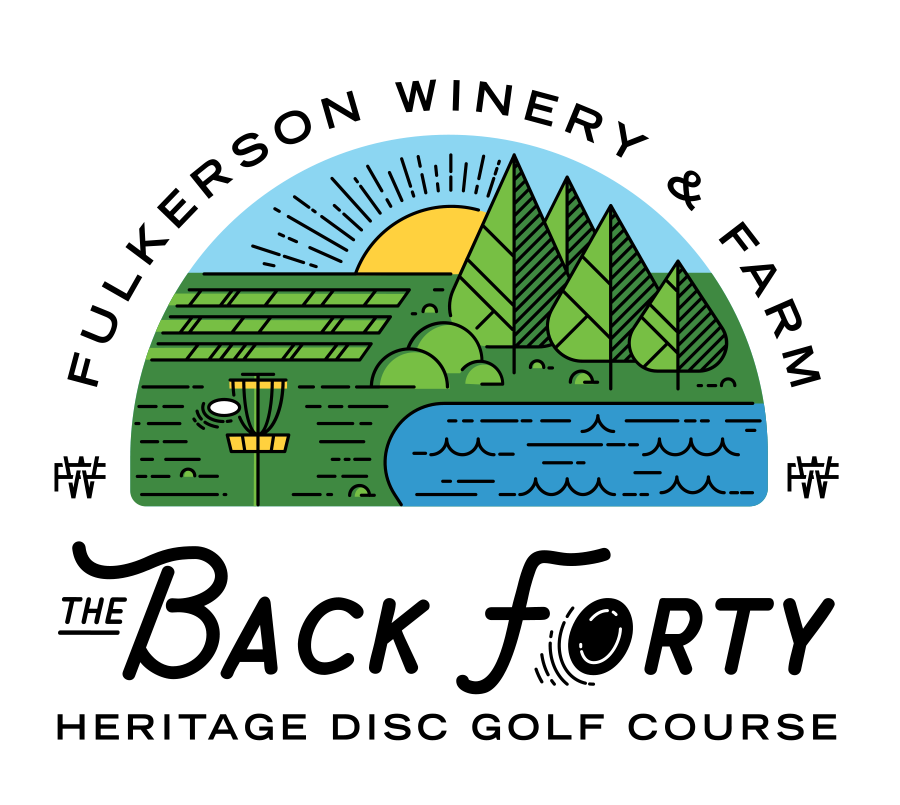 Logo of Fulkerson Winery & Farm's The Back Forty Heritage Disc Golf Course with scenic design.
