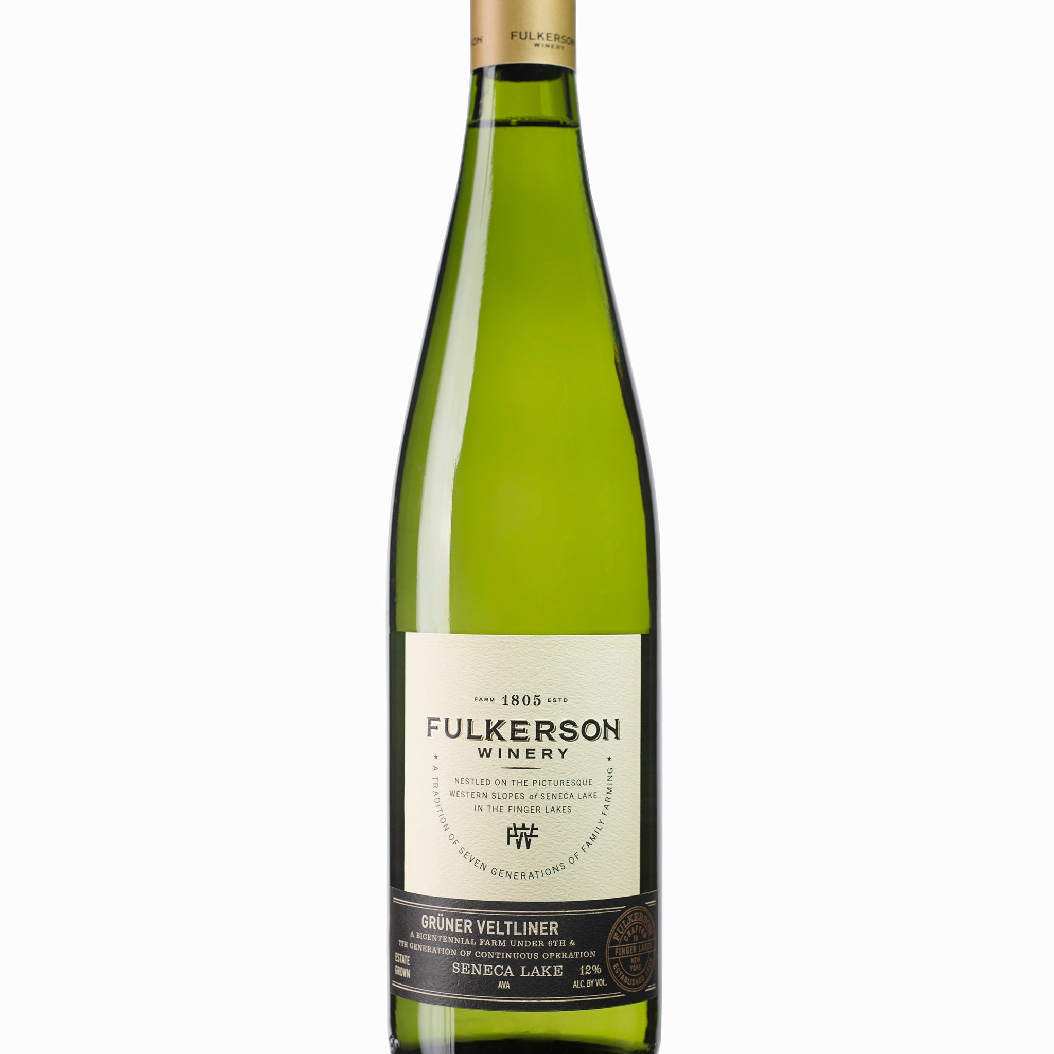 Green bottle of Fulkerson‘s gruner veltliner With a gold cap on a white background
