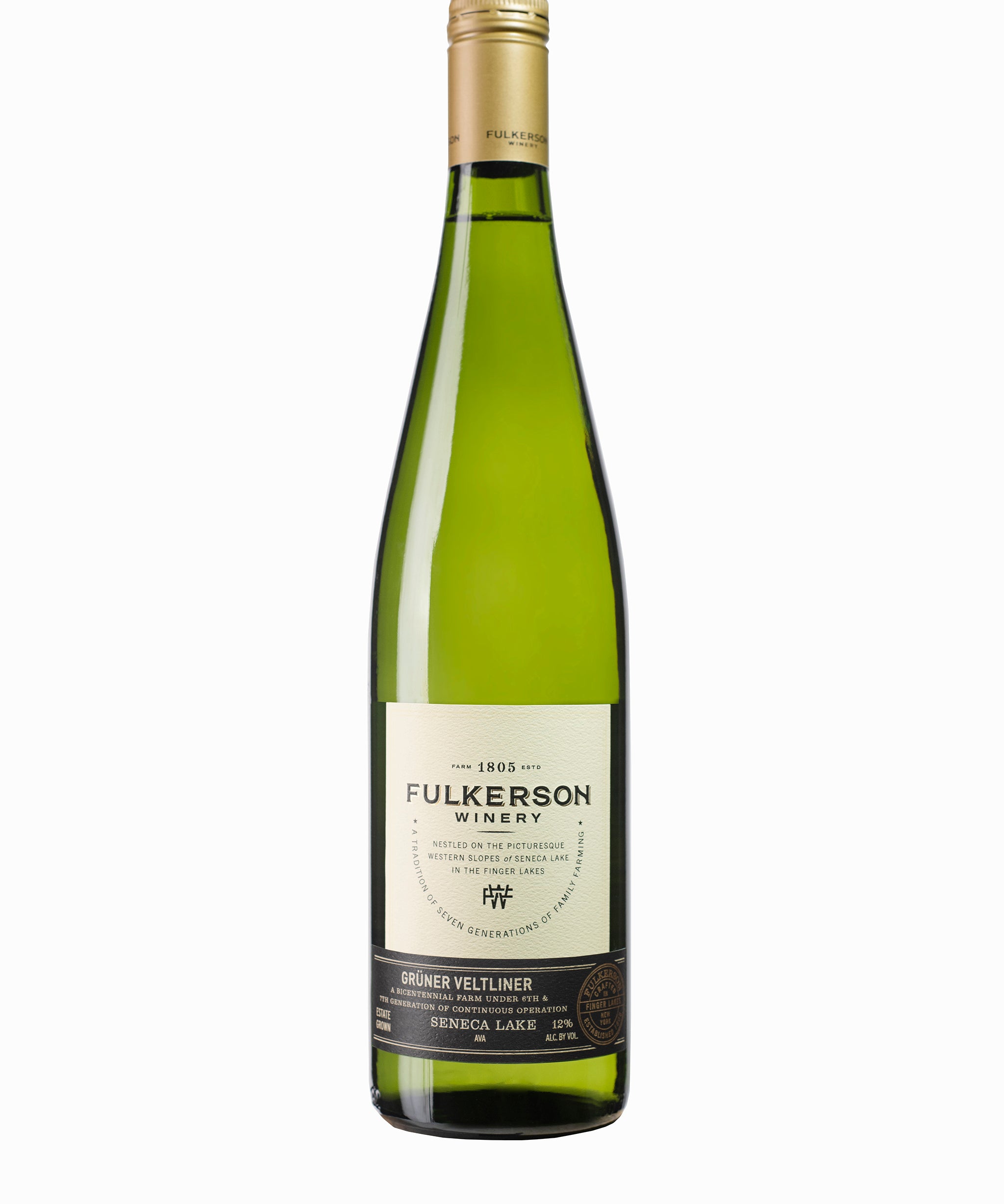 Green bottle of Fulkerson‘s gruner veltliner With a gold cap on a white background