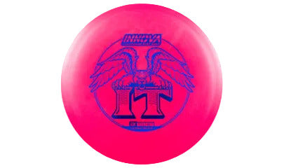 Pink disc golf disc with winged leopard with a blue logo on a transparent background