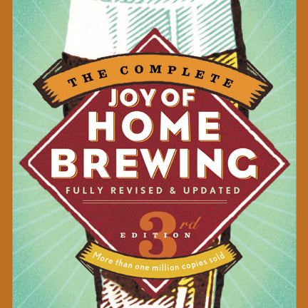 Book cover of 'The Complete Joy of Home Brewing' by Charlie Papazian with a stylized illustration of a beer mug on a green background.
