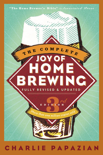 Book cover of 'The Complete Joy of Home Brewing' by Charlie Papazian with a stylized illustration of a beer mug on a green background.