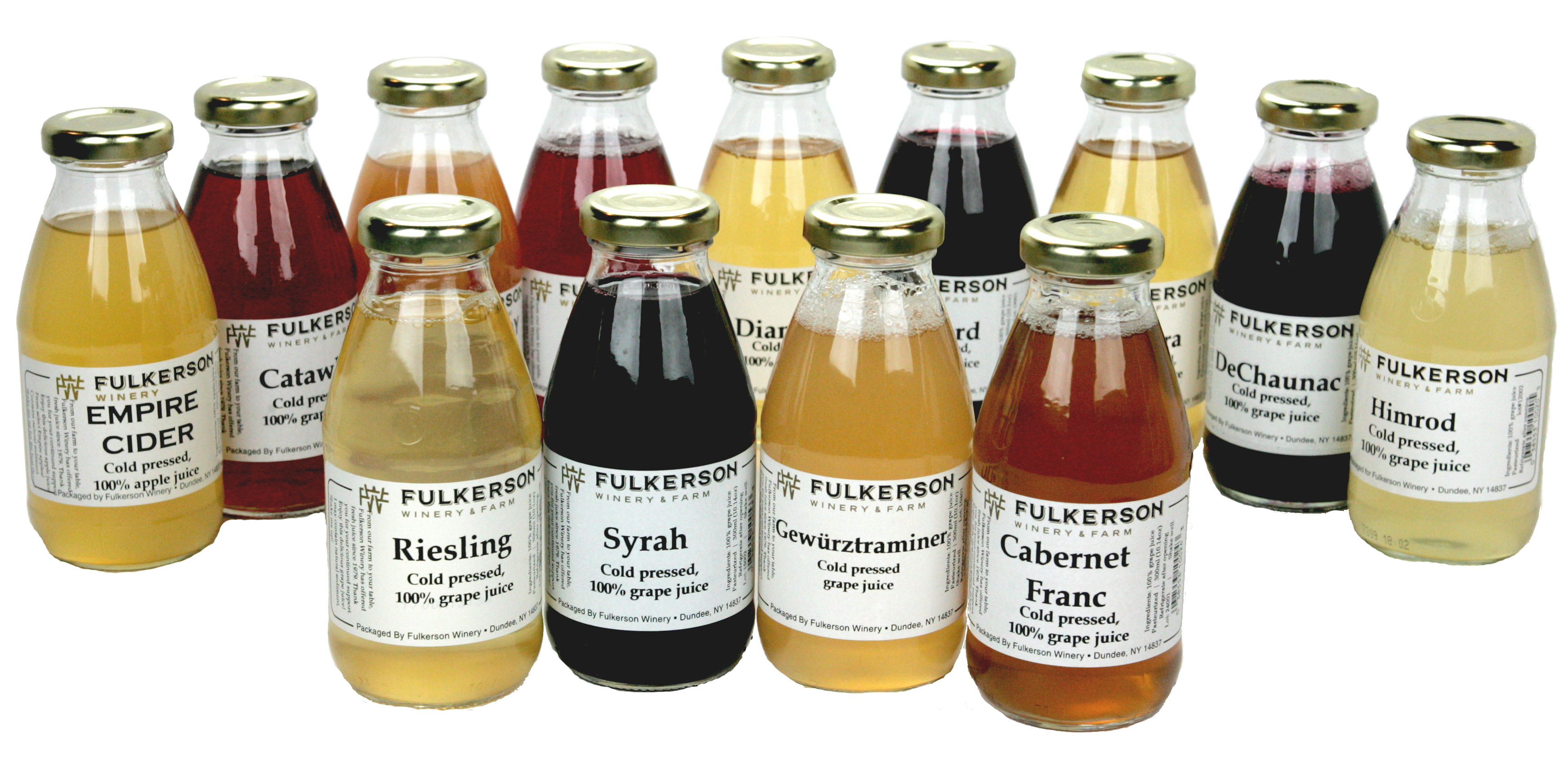 A group of Fulkerson Pasteurized Juice bottles. Clear bottles with Gold Caps on a clear background. 
