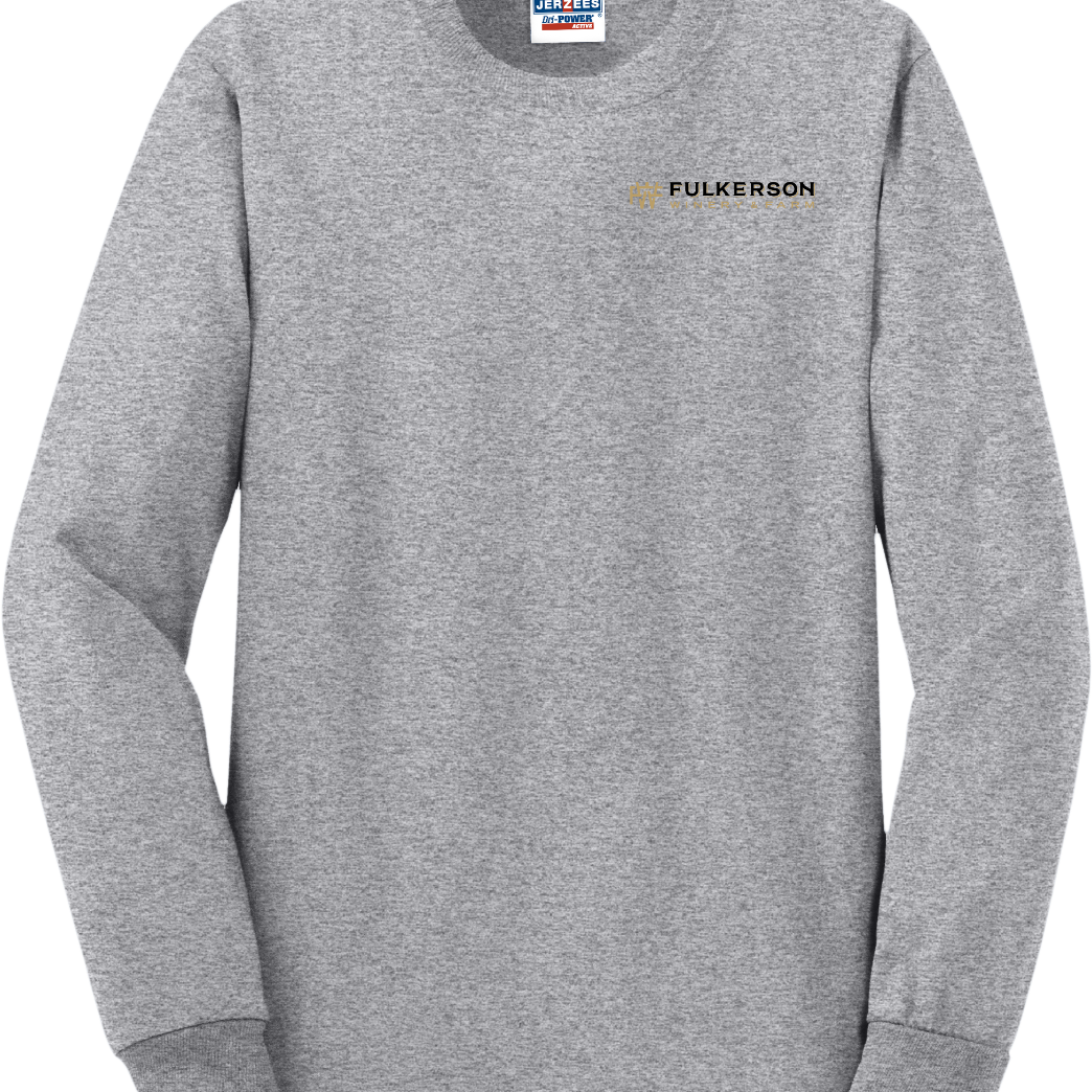 Grey long sleeve Fulkerson Winery and Farm logo tee shirt