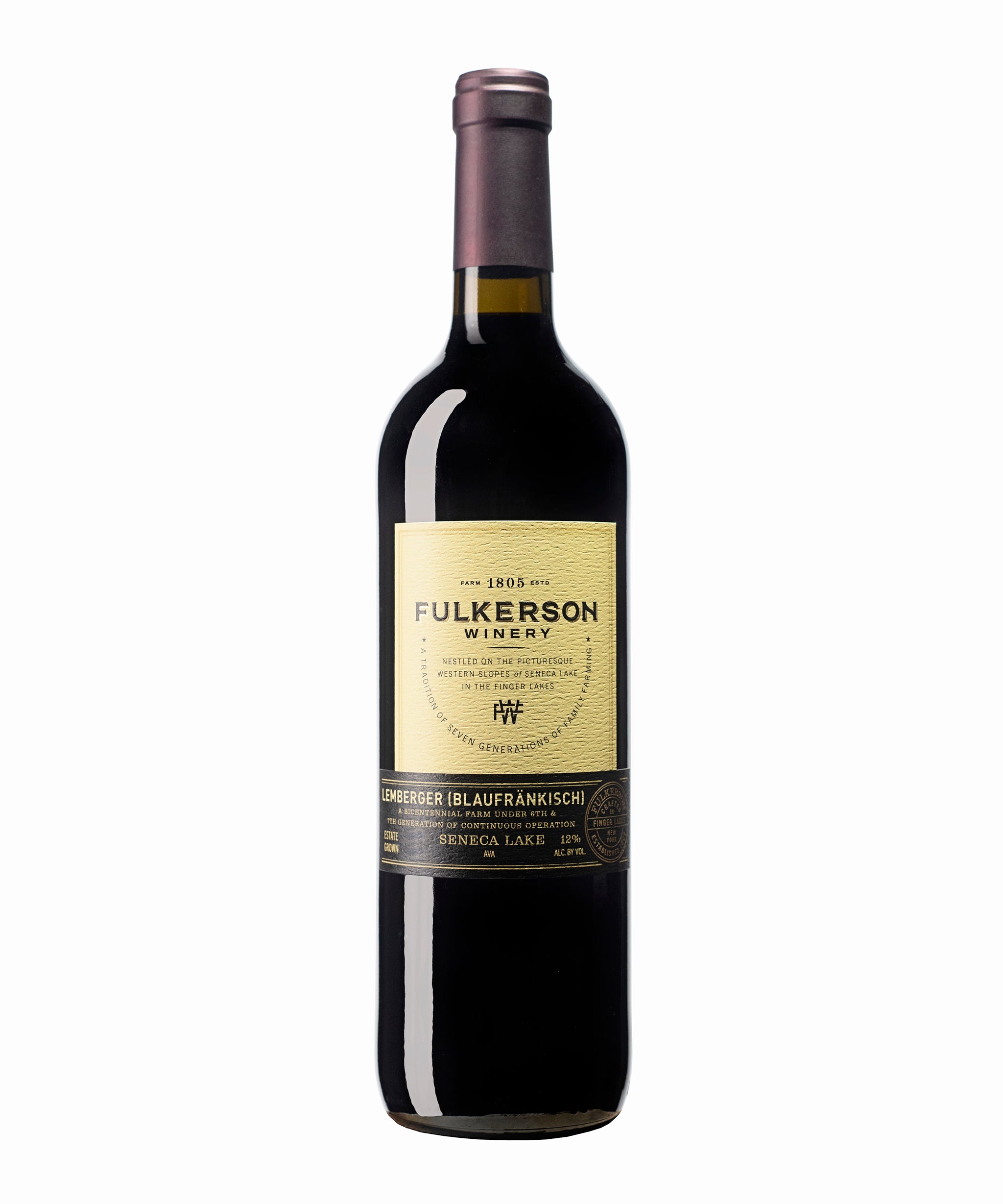 Wine bottle with Fulkerson Winery and farm Lemberger wine label on a white background
