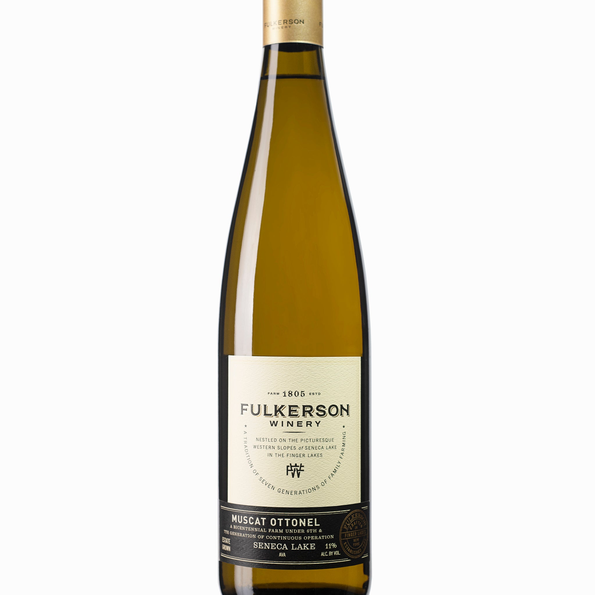 Brown wine bottle of Fulkerson Winery and farm muscat ottonel on a white background 