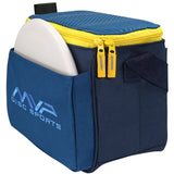 Blue and yellow disc golf bag with a disc inside on a white background