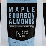 Packaging of Maple Bourbon Almonds from Nat's Nuts on a light gray background