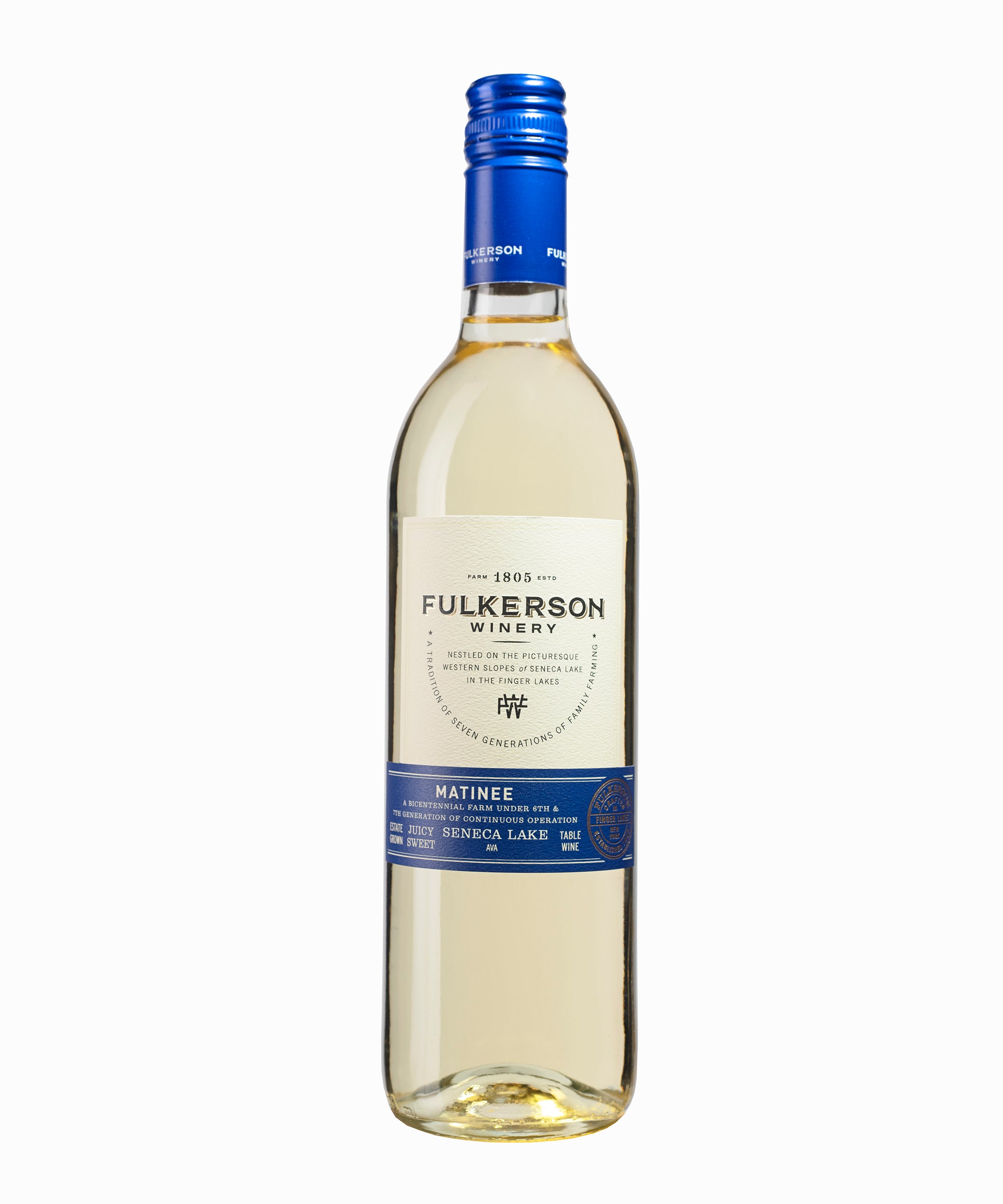 Fulkerson Winery bottle of white "Matinee" wine on a white background