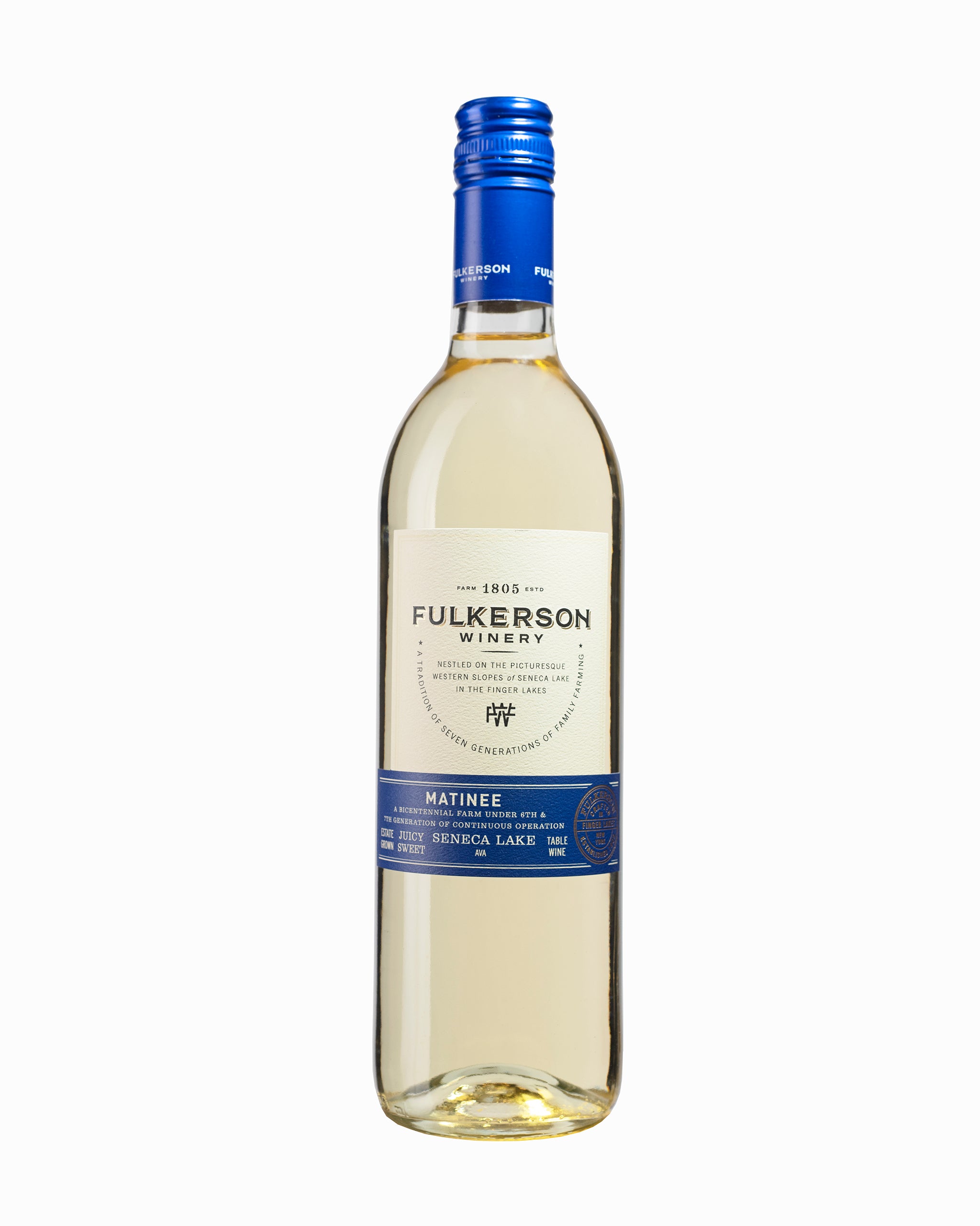 Fulkerson Winery bottle of white "Matinee" wine on a white background