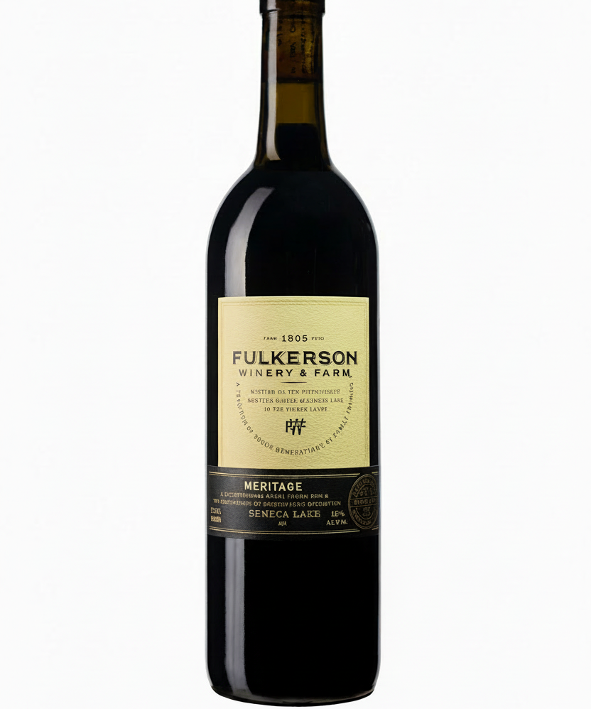 bottle of Fulkerson Meritage wine with cream and black label on a white background