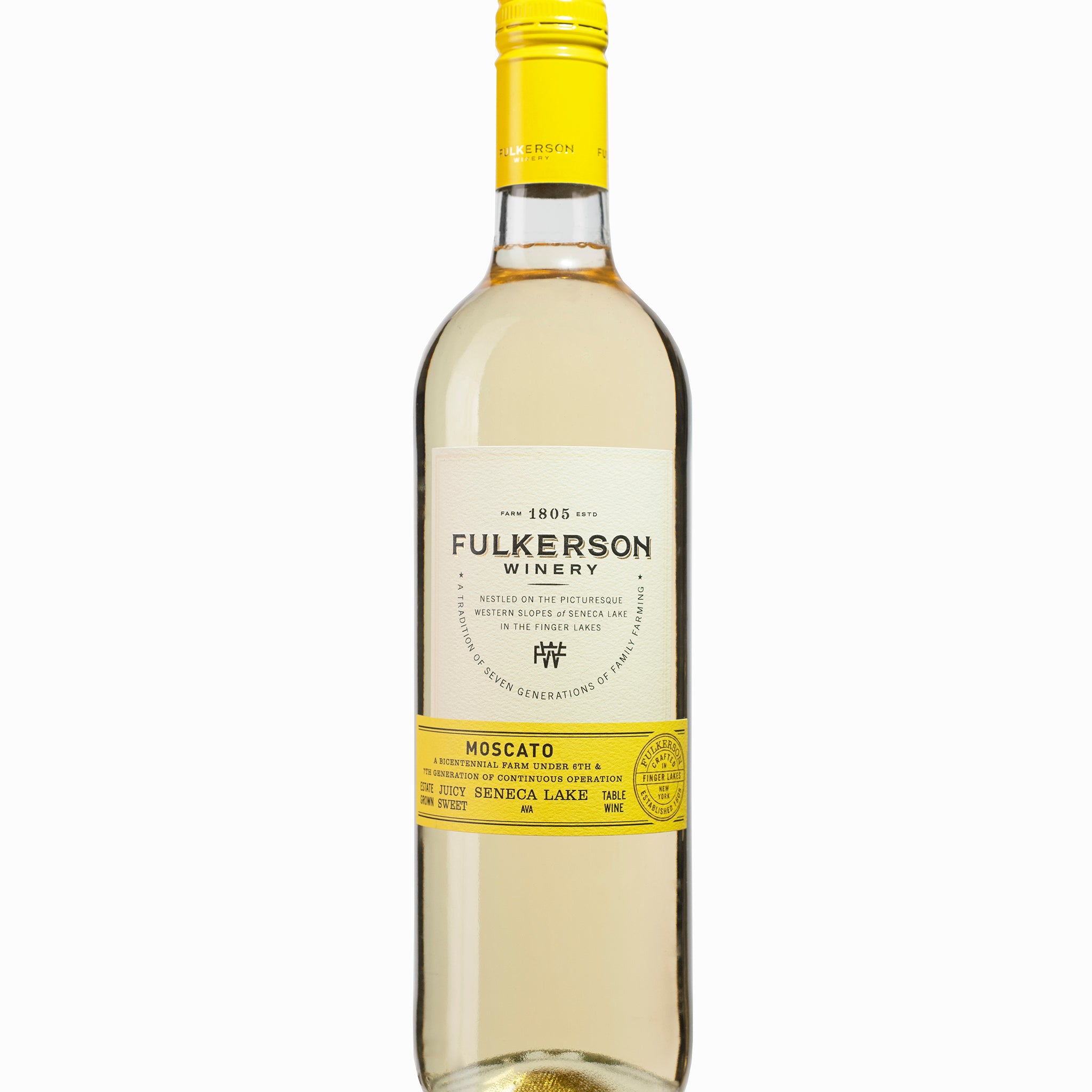 Fulkerson Winery Moscato wine bottle with yellow label on a white background
