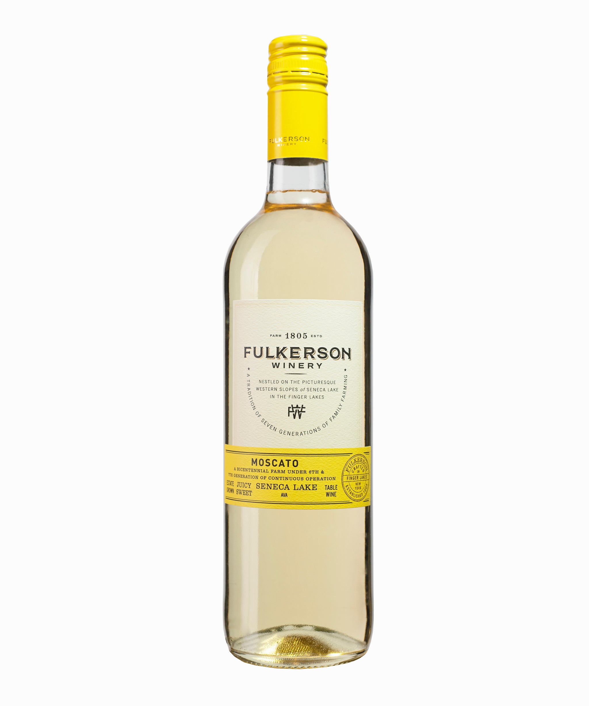 Fulkerson Winery Moscato wine bottle with yellow label on a white background