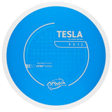 Blue Tesla disc golf disc with white text on a white background