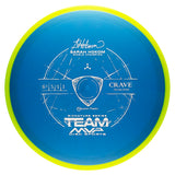 Blue disc golf disc with green rim and branding on a white background