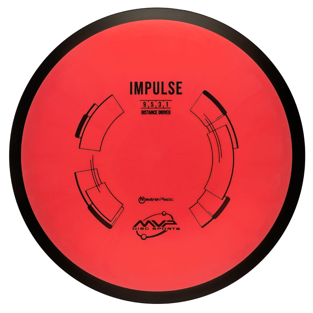 Red disc golf disc with black "impulse" text and branding on a white background