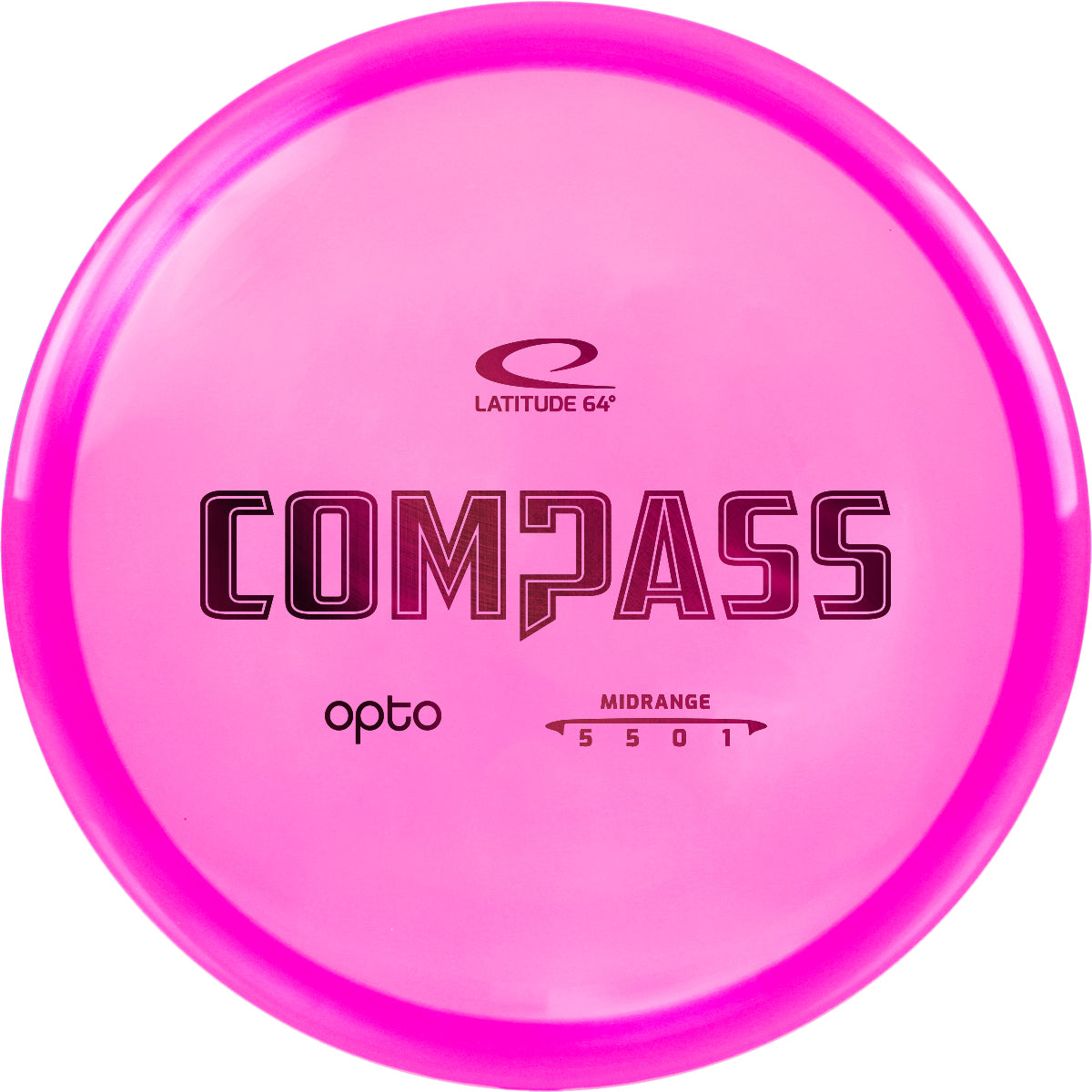 Pink disc golf disc with 'Latitude 64' and 'Compass' branding on a white background