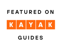 Text 'FEATURED ON KAYAK GUIDES' with 'KAYAK' in orange on a white background