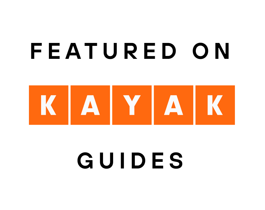 Text 'FEATURED ON KAYAK GUIDES' with 'KAYAK' in orange on a white background
