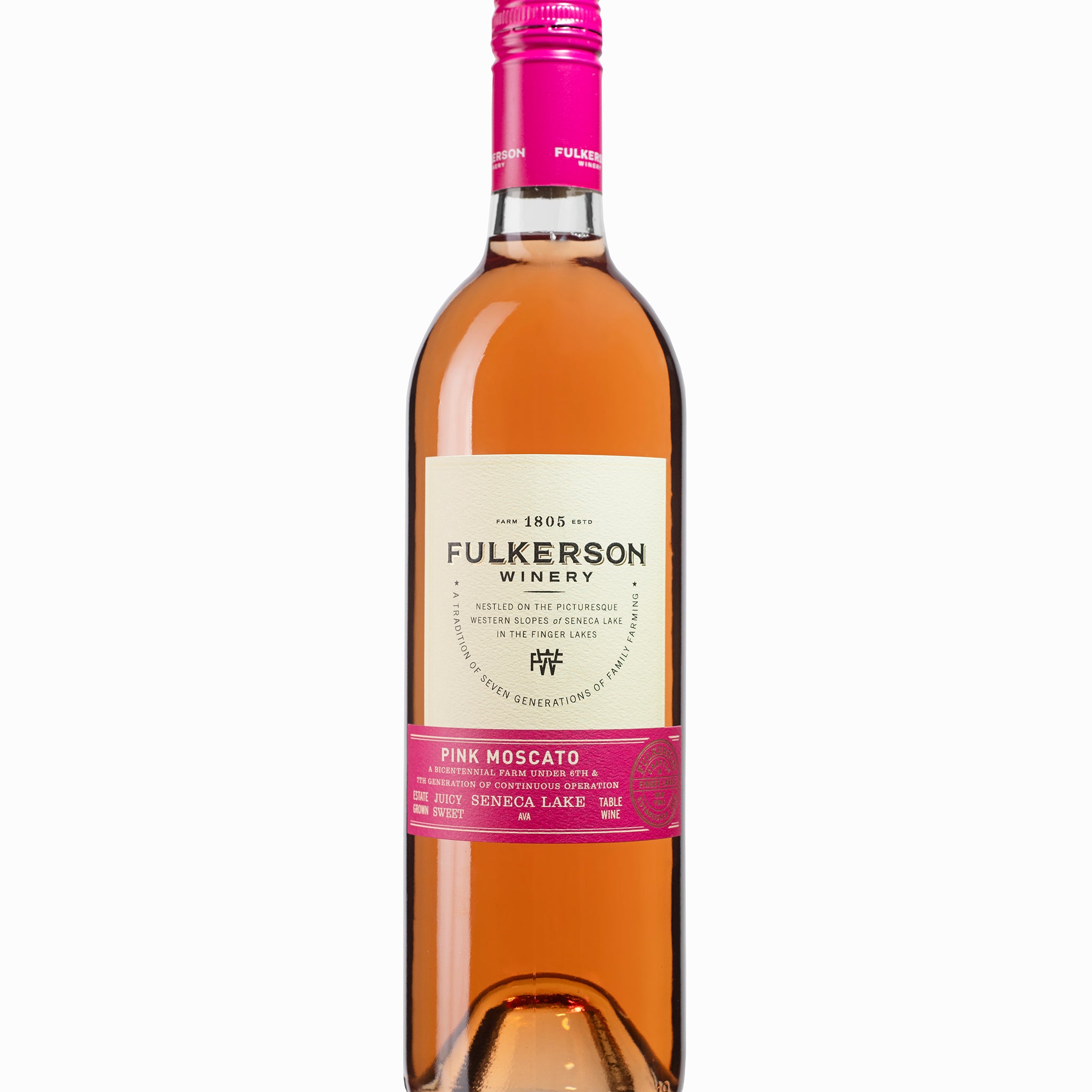Bottle of Fulkerson Pink Moscato on a white background