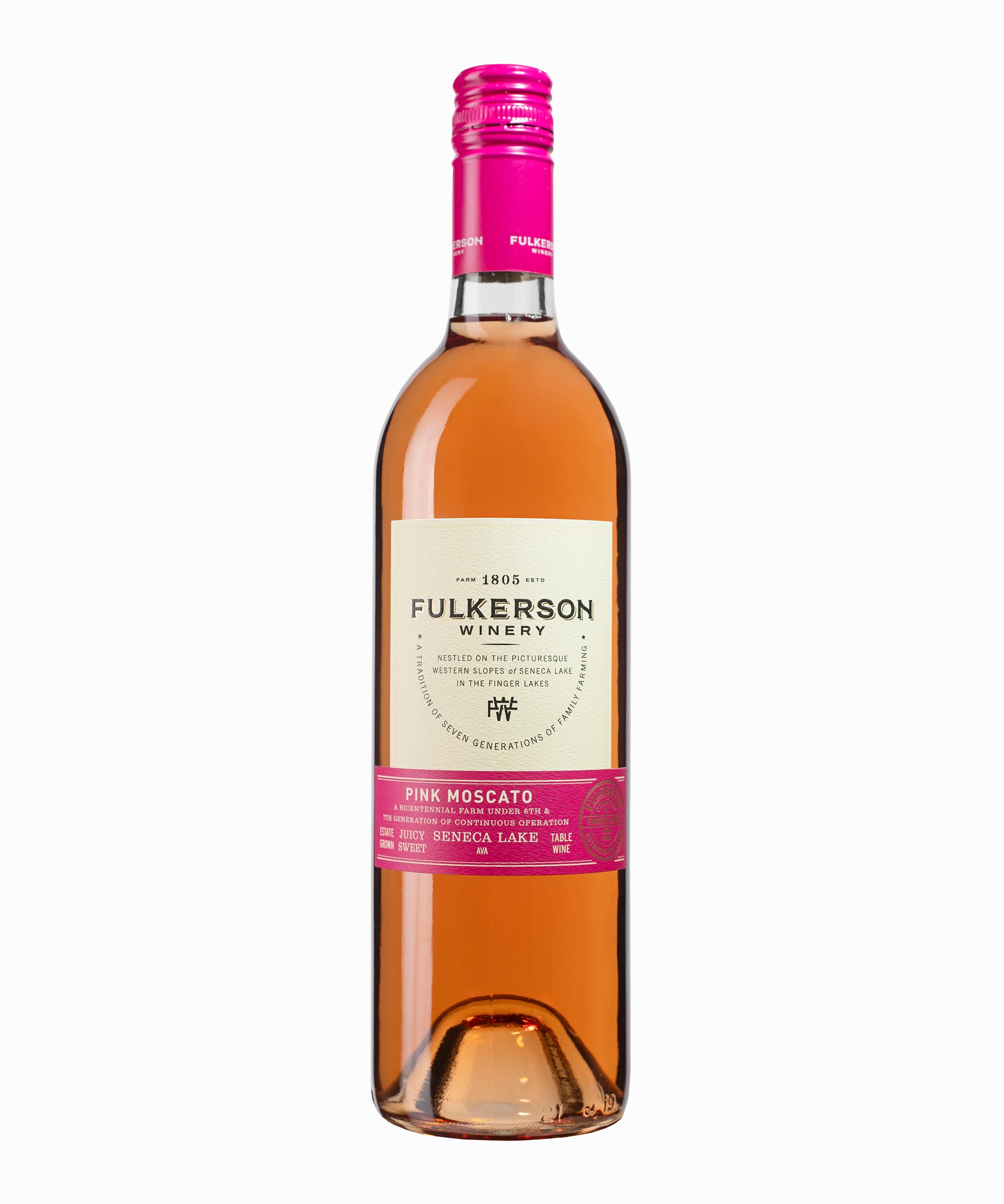 Bottle of Fulkerson Pink Moscato on a white background
